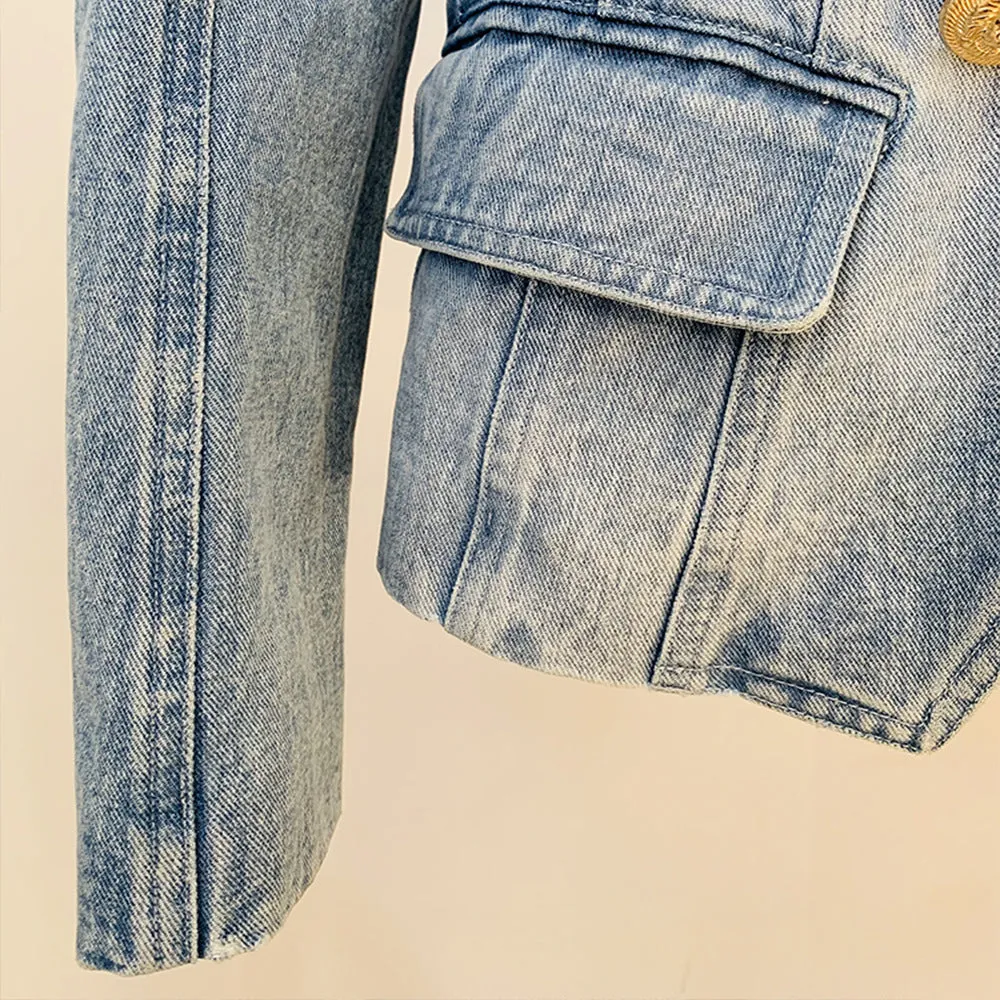 Stars Slim Double Breasted Lion Button Denim Blazer