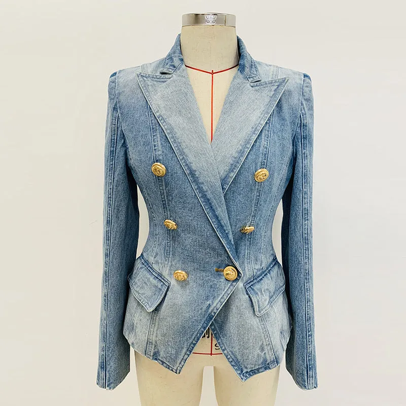 Stars Slim Double Breasted Lion Button Denim Blazer