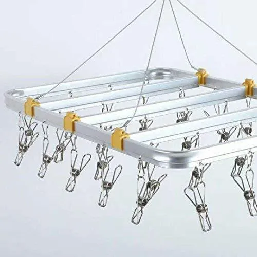 STSUNEU 360° Rotary Square Aluminum Alloy Hanger Stainless Steel Sock Hanger Multifunctional Underwear Menstrual Pad Drying Rack (30 Clips)