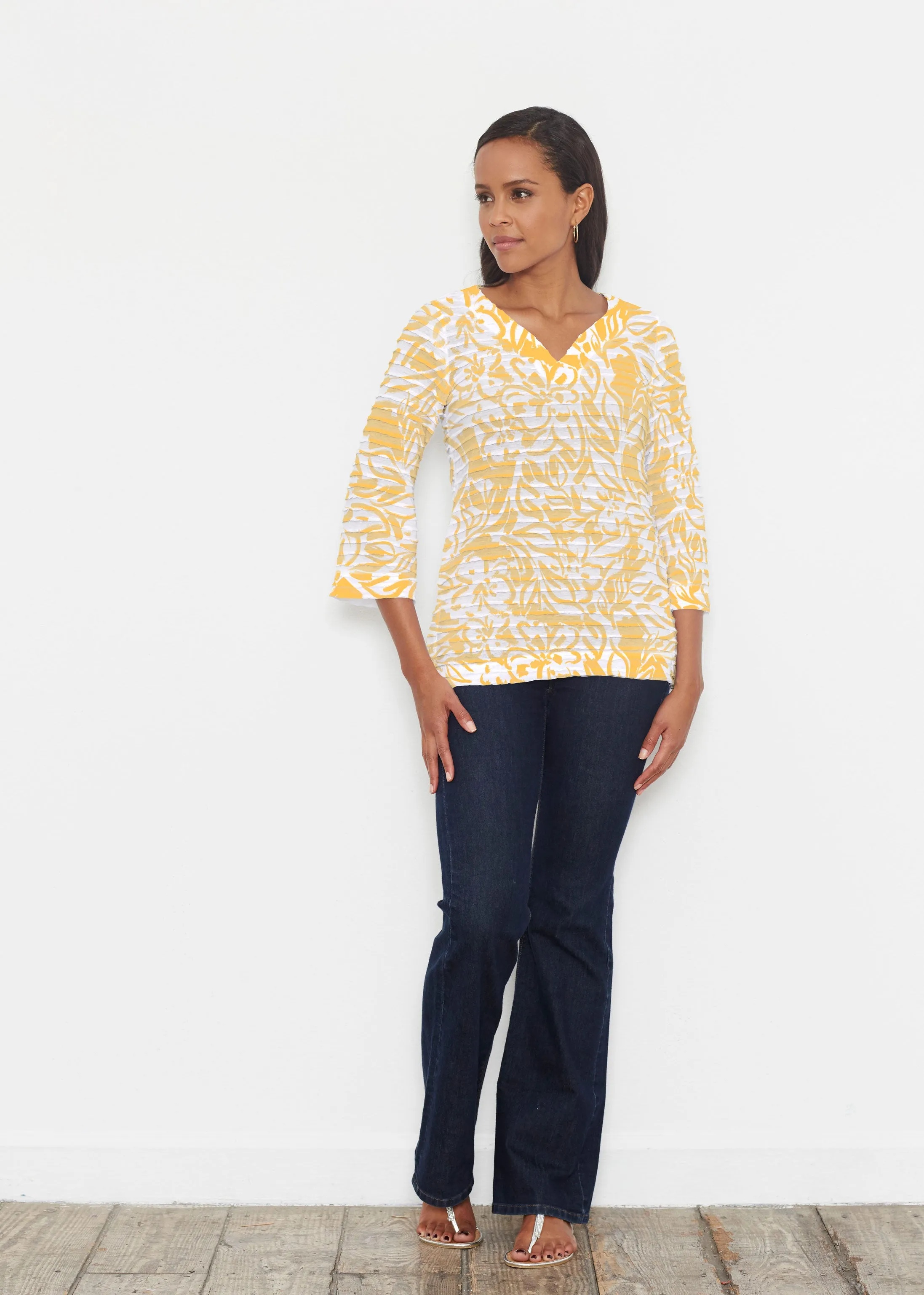 Summer Breeze Golden (8169) ~ Banded 3/4 Bell-Sleeve V-Neck Tunic