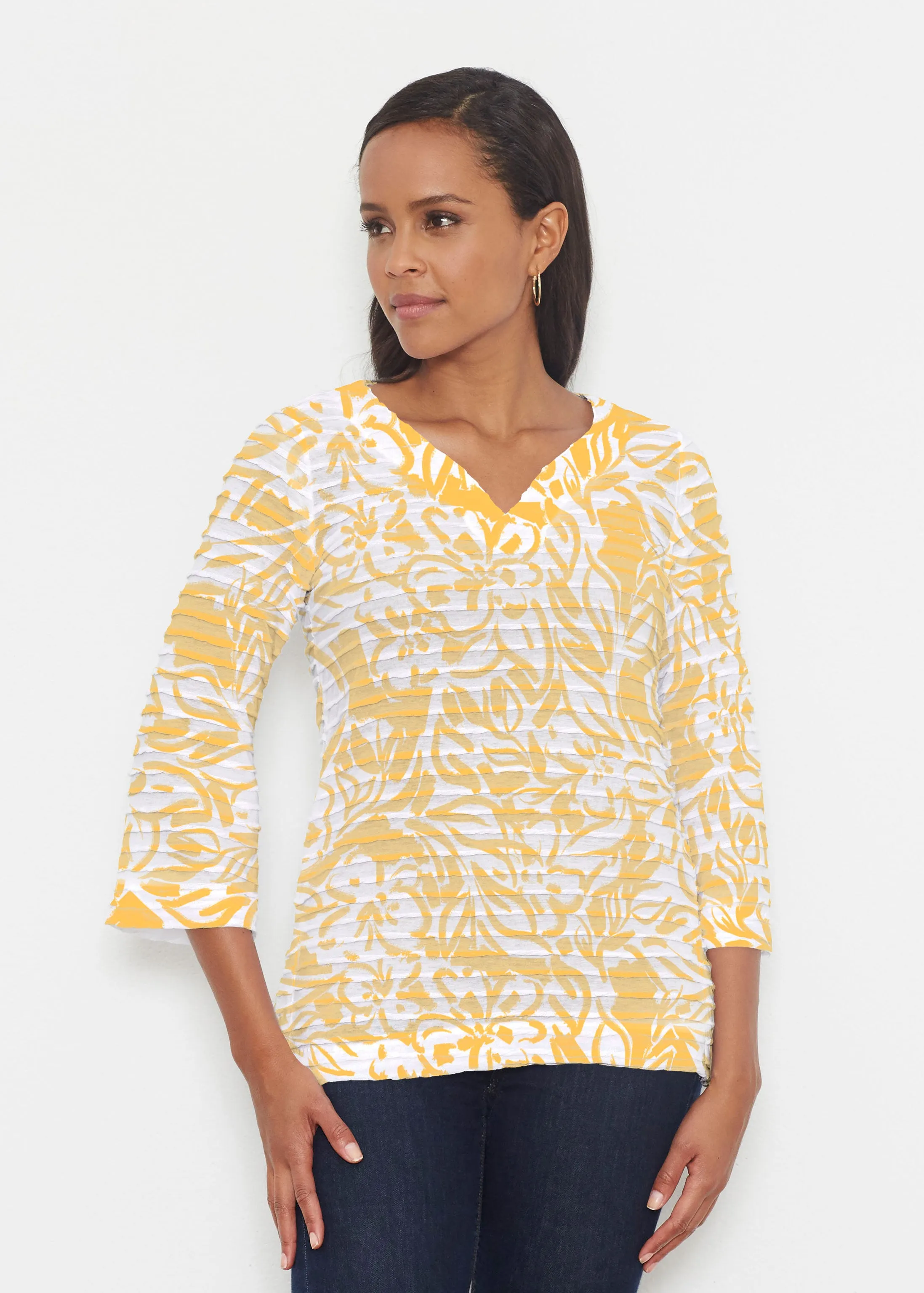 Summer Breeze Golden (8169) ~ Banded 3/4 Bell-Sleeve V-Neck Tunic