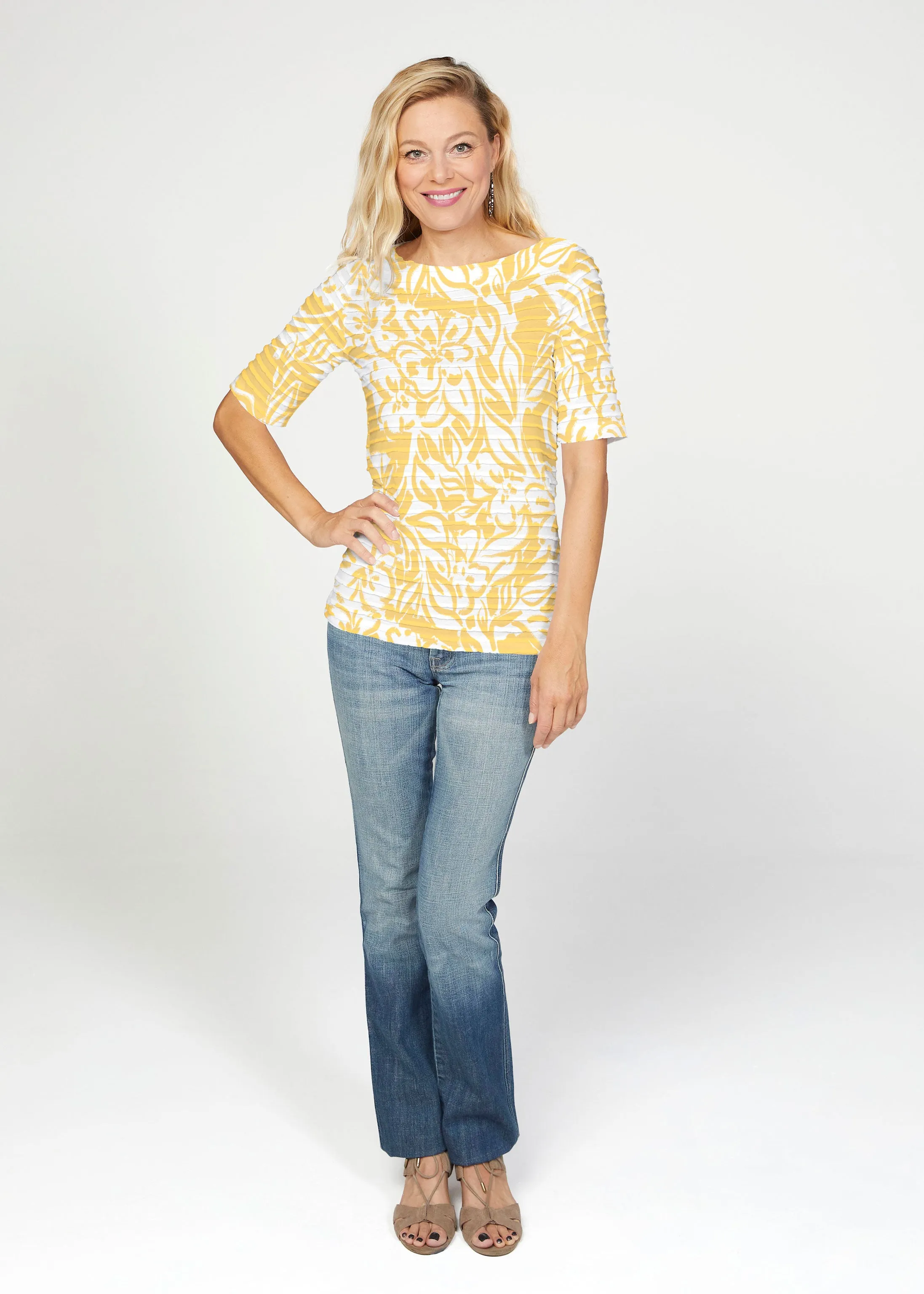 Summer Breeze Golden (8169) ~ Banded Elbow Sleeve Boat Neck Top