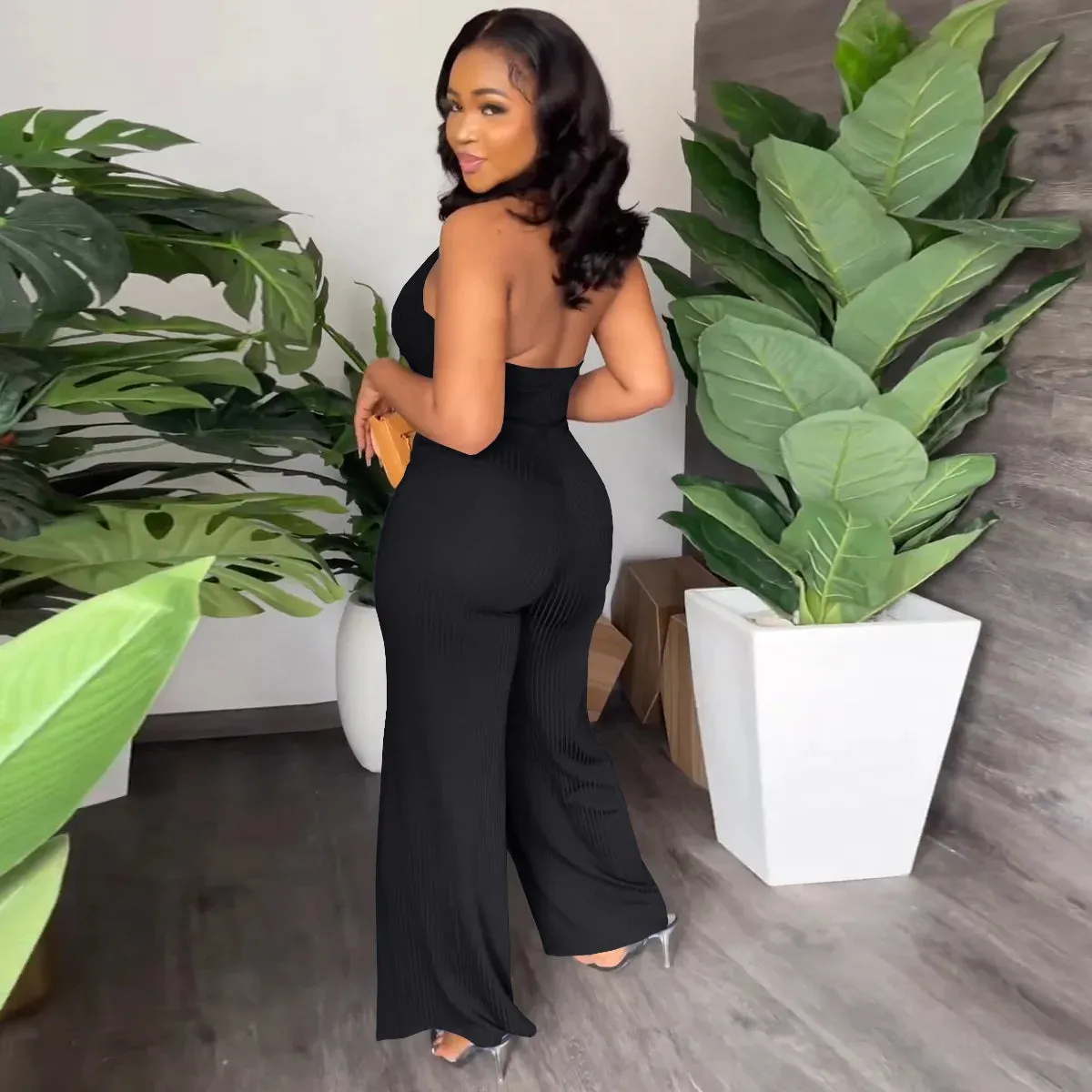Summer Women's New Jumpsuit Fashion Sexy V-neck Lace-Up Backless Casual Temperament Commuter Women's Wide Leg Pants Jumpsuit