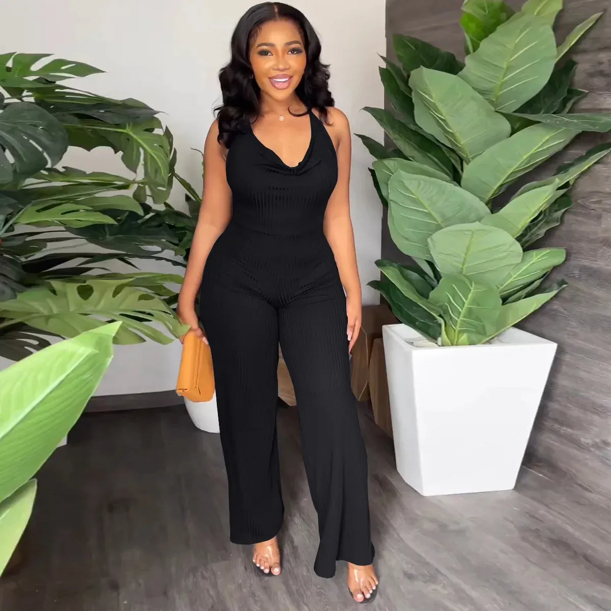 Summer Women's New Jumpsuit Fashion Sexy V-neck Lace-Up Backless Casual Temperament Commuter Women's Wide Leg Pants Jumpsuit