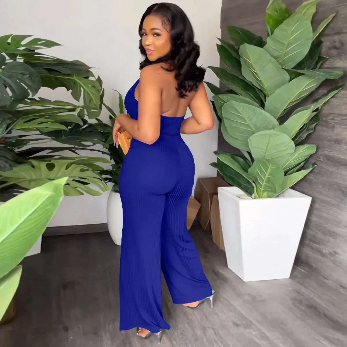 Summer Women's New Jumpsuit Fashion Sexy V-neck Lace-Up Backless Casual Temperament Commuter Women's Wide Leg Pants Jumpsuit