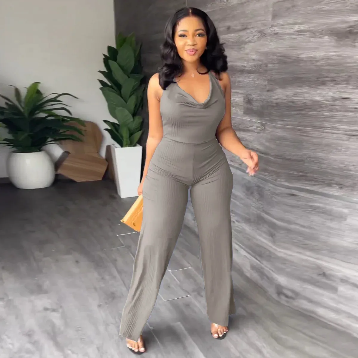 Summer Women's New Jumpsuit Fashion Sexy V-neck Lace-Up Backless Casual Temperament Commuter Women's Wide Leg Pants Jumpsuit