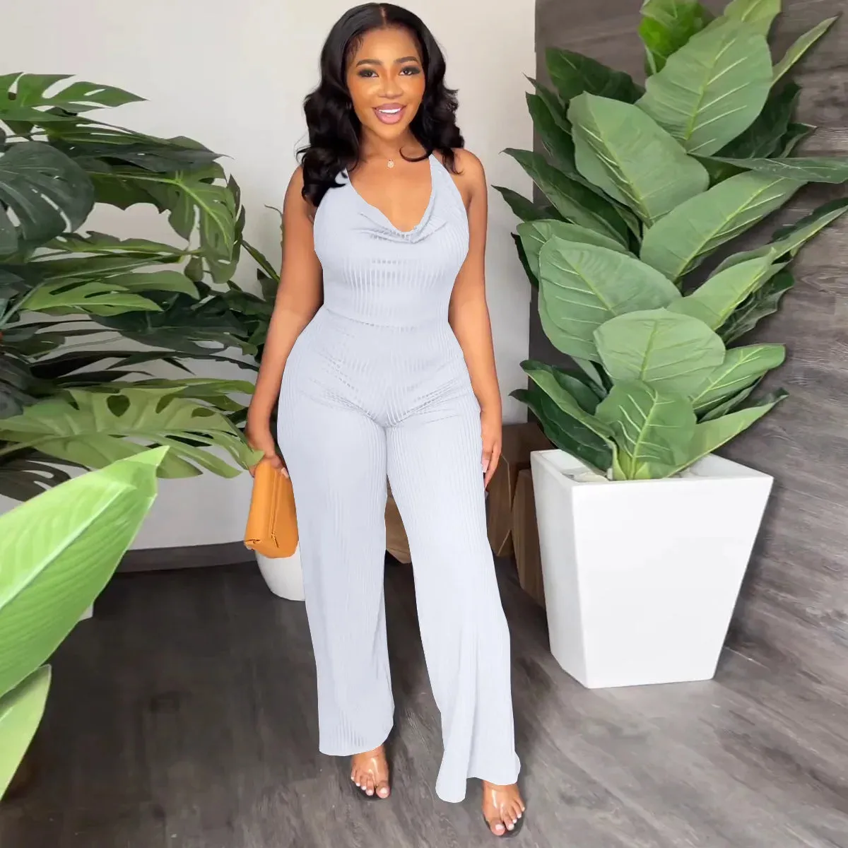 Summer Women's New Jumpsuit Fashion Sexy V-neck Lace-Up Backless Casual Temperament Commuter Women's Wide Leg Pants Jumpsuit
