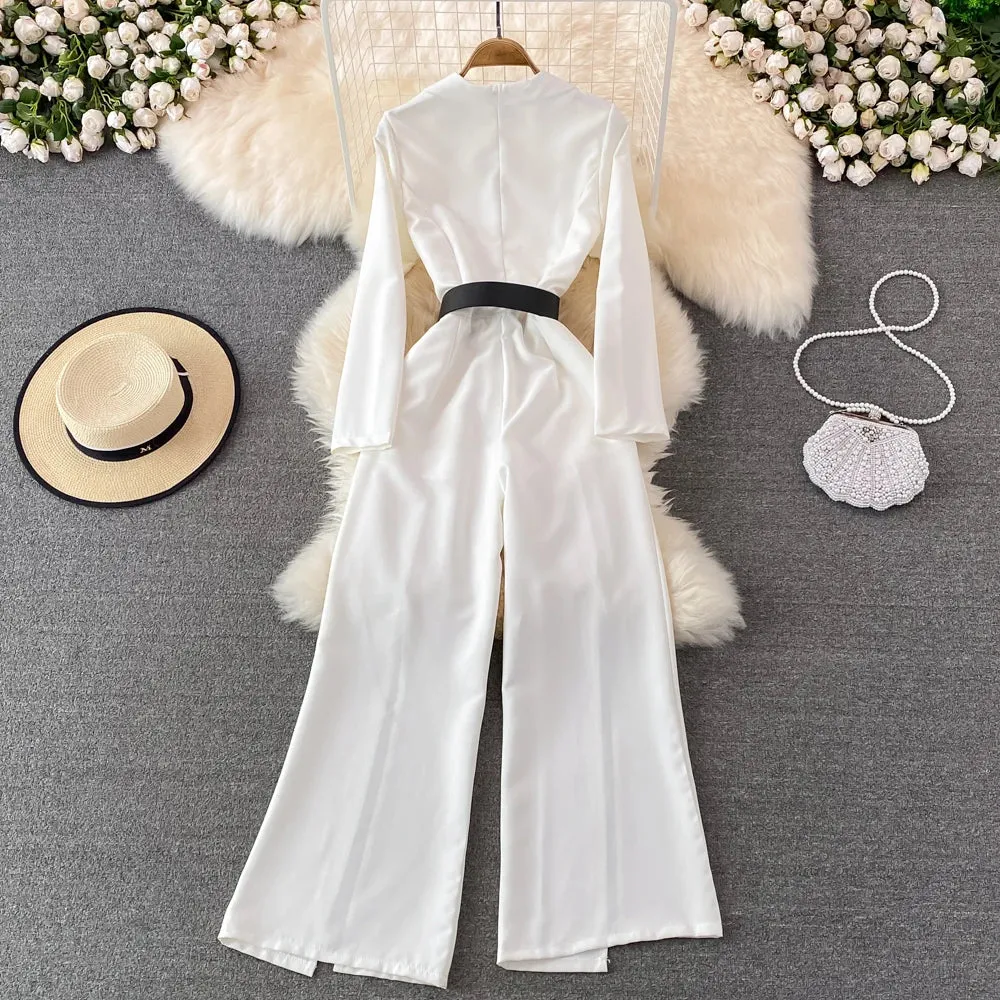 Toleet-Winter Outfits Christmas Black Friday 2024 Spring Fashion OL Professional Jumpsuit Work Office Lady Wide Leg Pants White Black High Waist Split Wide Leg jumpsuit