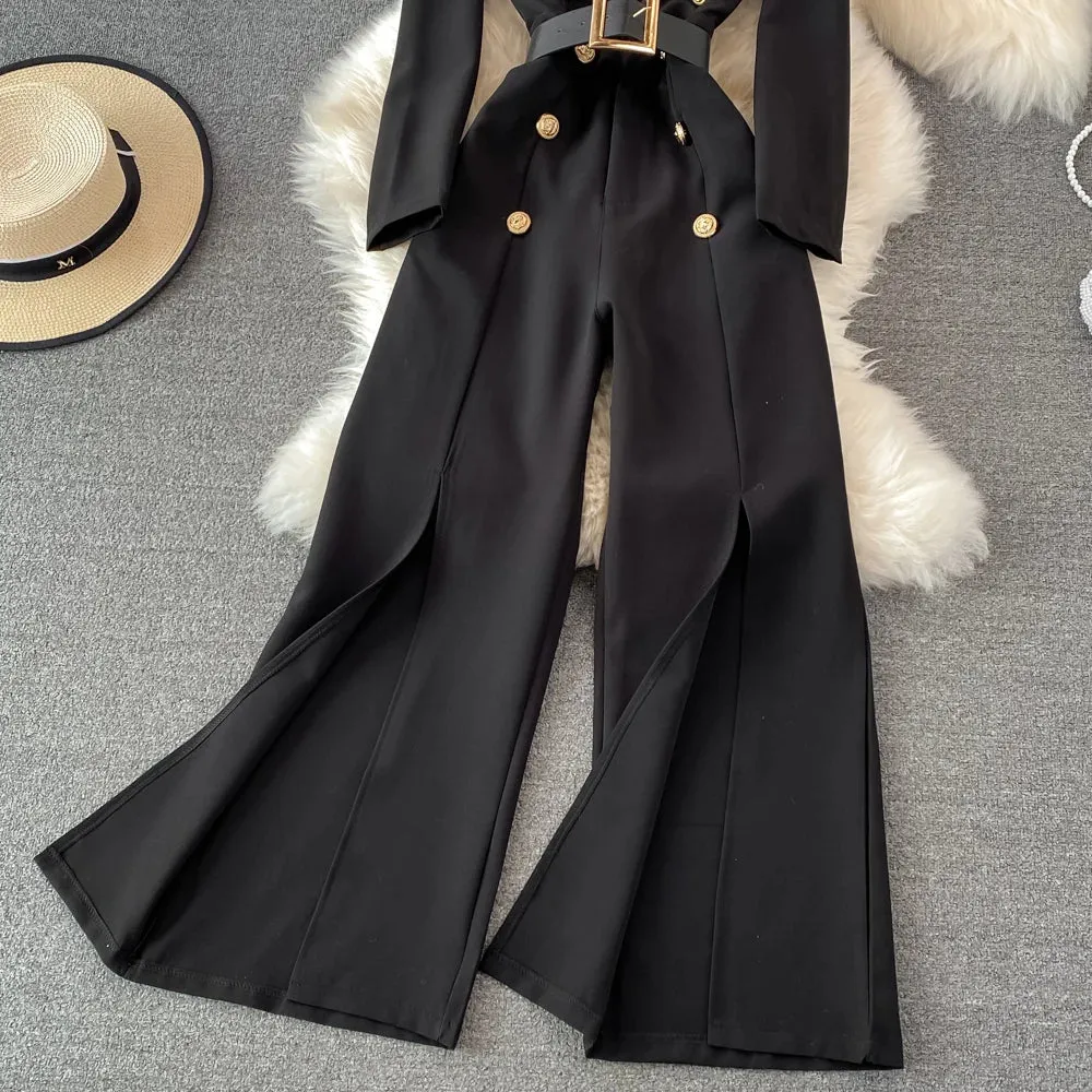 Toleet-Winter Outfits Christmas Black Friday 2024 Spring Fashion OL Professional Jumpsuit Work Office Lady Wide Leg Pants White Black High Waist Split Wide Leg jumpsuit