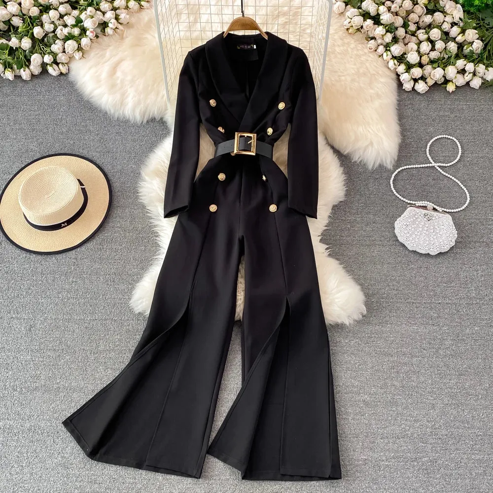 Toleet-Winter Outfits Christmas Black Friday 2024 Spring Fashion OL Professional Jumpsuit Work Office Lady Wide Leg Pants White Black High Waist Split Wide Leg jumpsuit