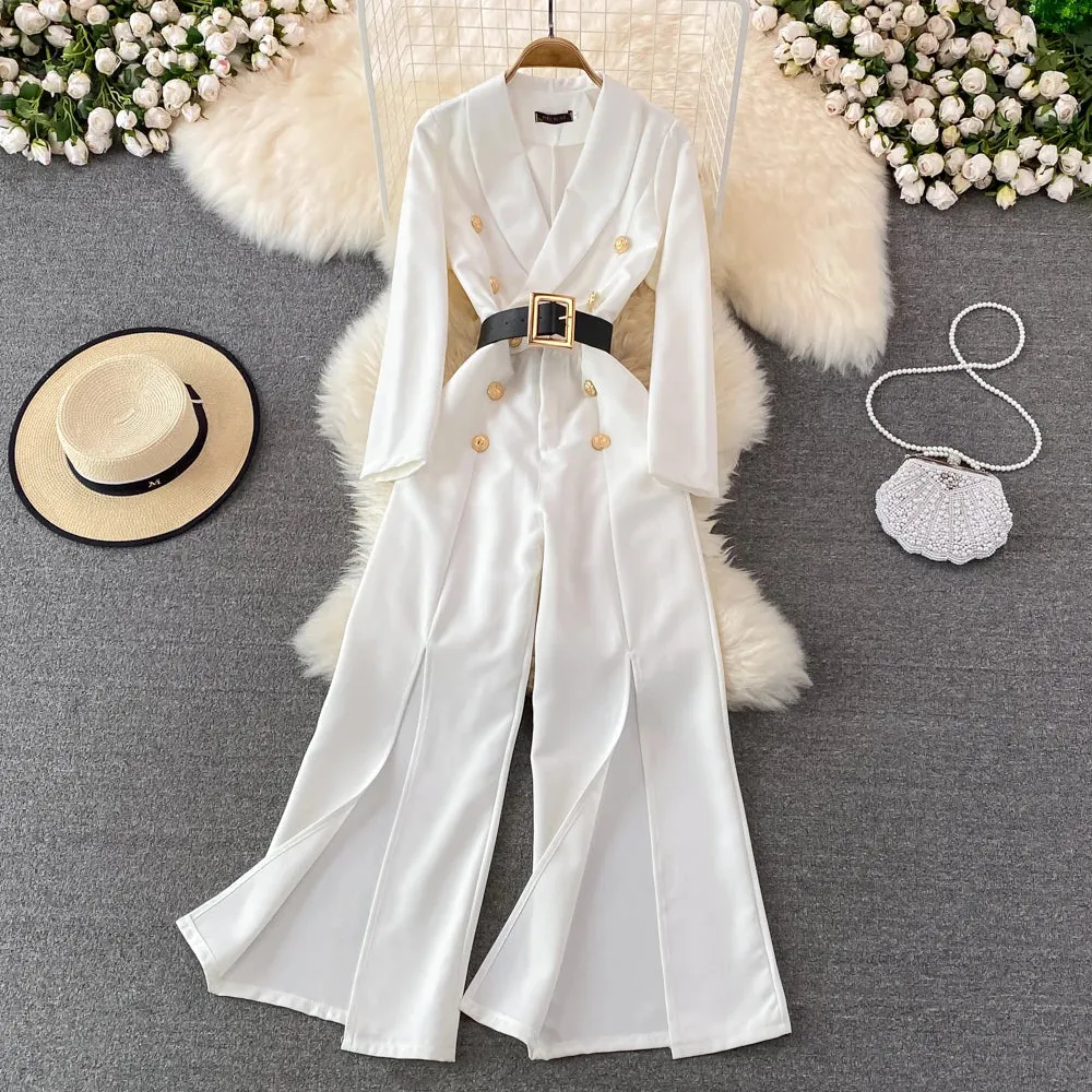 Toleet-Winter Outfits Christmas Black Friday 2024 Spring Fashion OL Professional Jumpsuit Work Office Lady Wide Leg Pants White Black High Waist Split Wide Leg jumpsuit