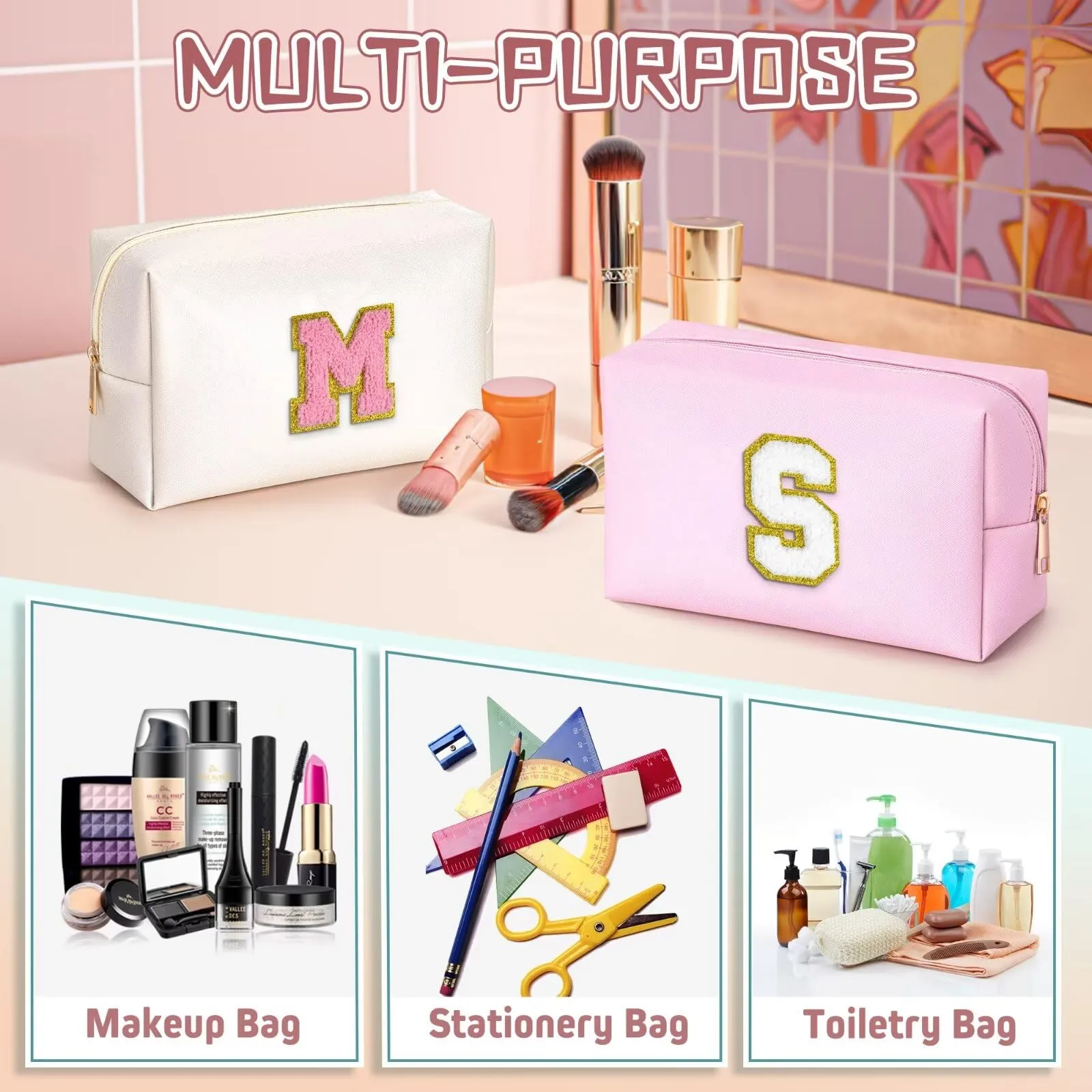 TOPEAST Christmas Gifts - Preppy Makeup Bag, Stocking Stuffers for Girls Women | Personalized Initial Makeup Pouch
