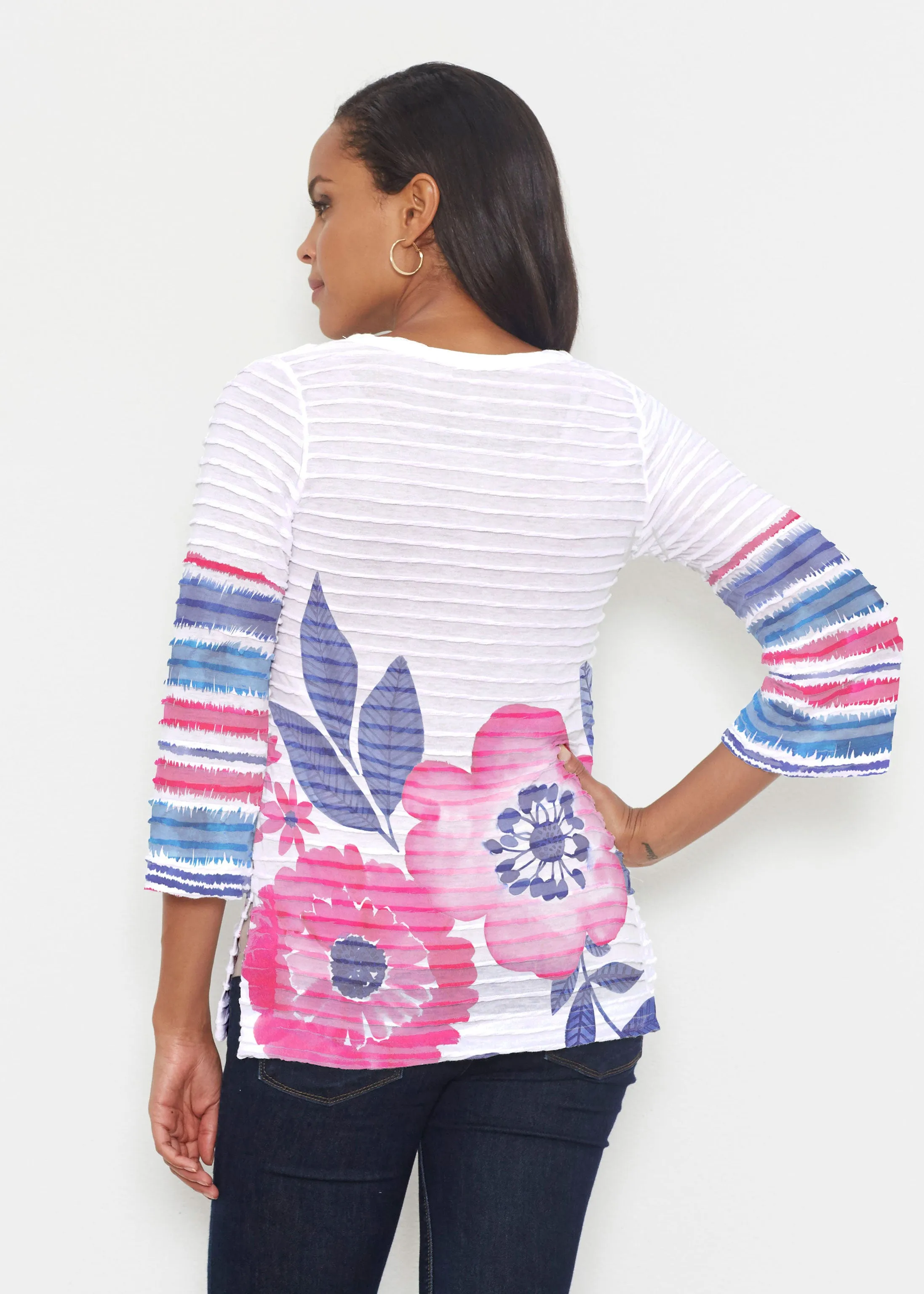 Watercolor Blooms (13355) ~ Banded 3/4 Bell-Sleeve V-Neck Tunic