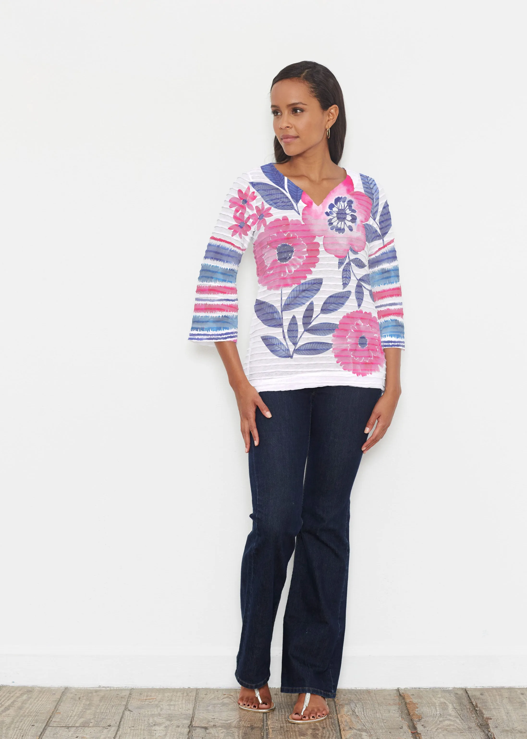 Watercolor Blooms (13355) ~ Banded 3/4 Bell-Sleeve V-Neck Tunic