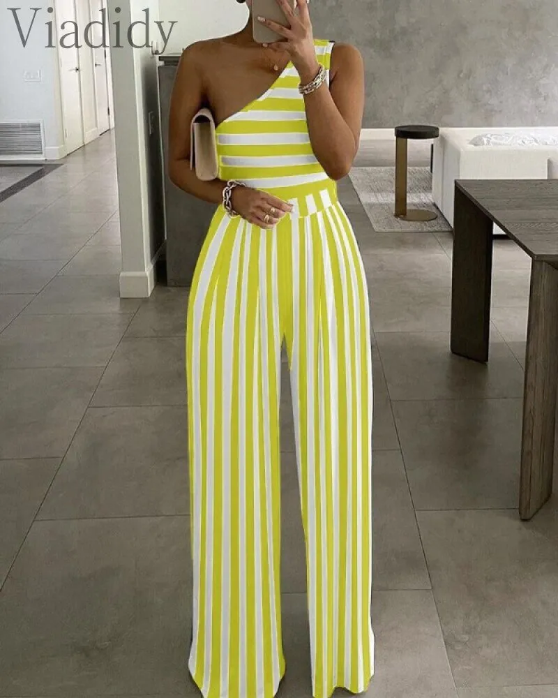 Wenkouban women single shoulder stripes print high waist jumpsuit