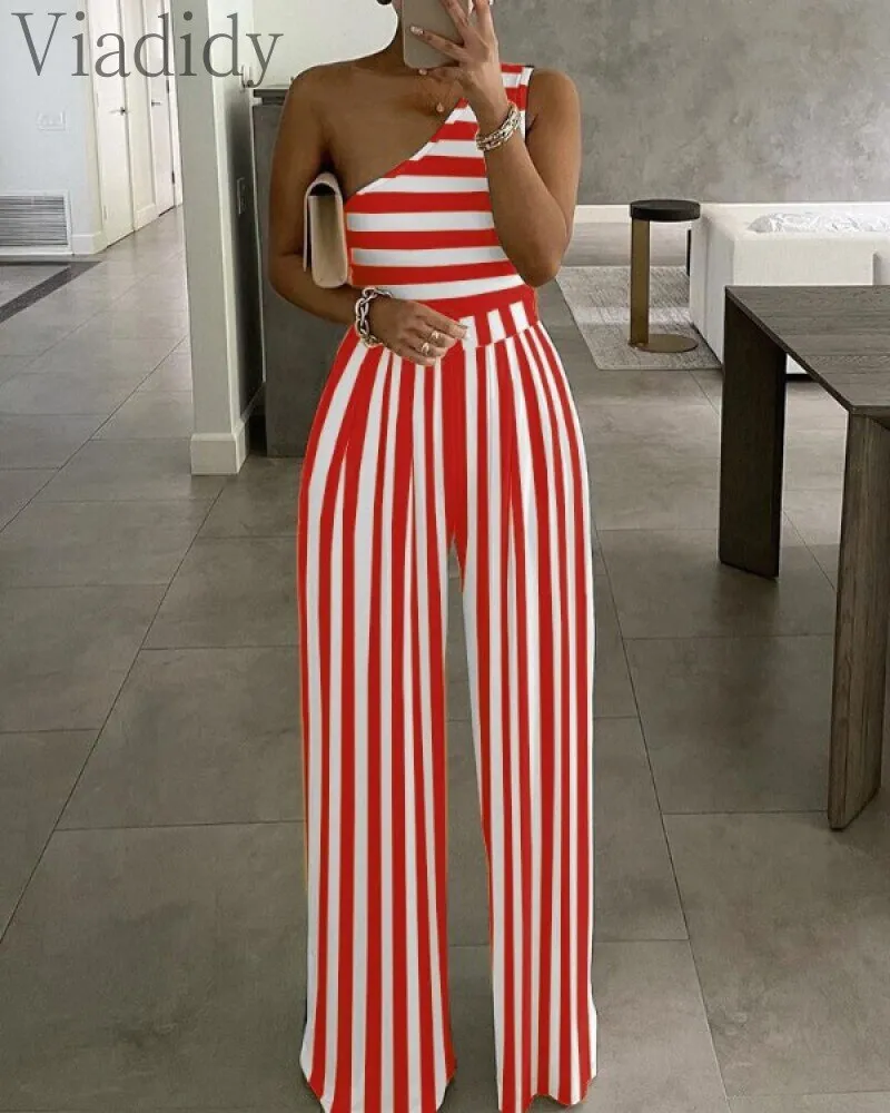 Wenkouban women single shoulder stripes print high waist jumpsuit