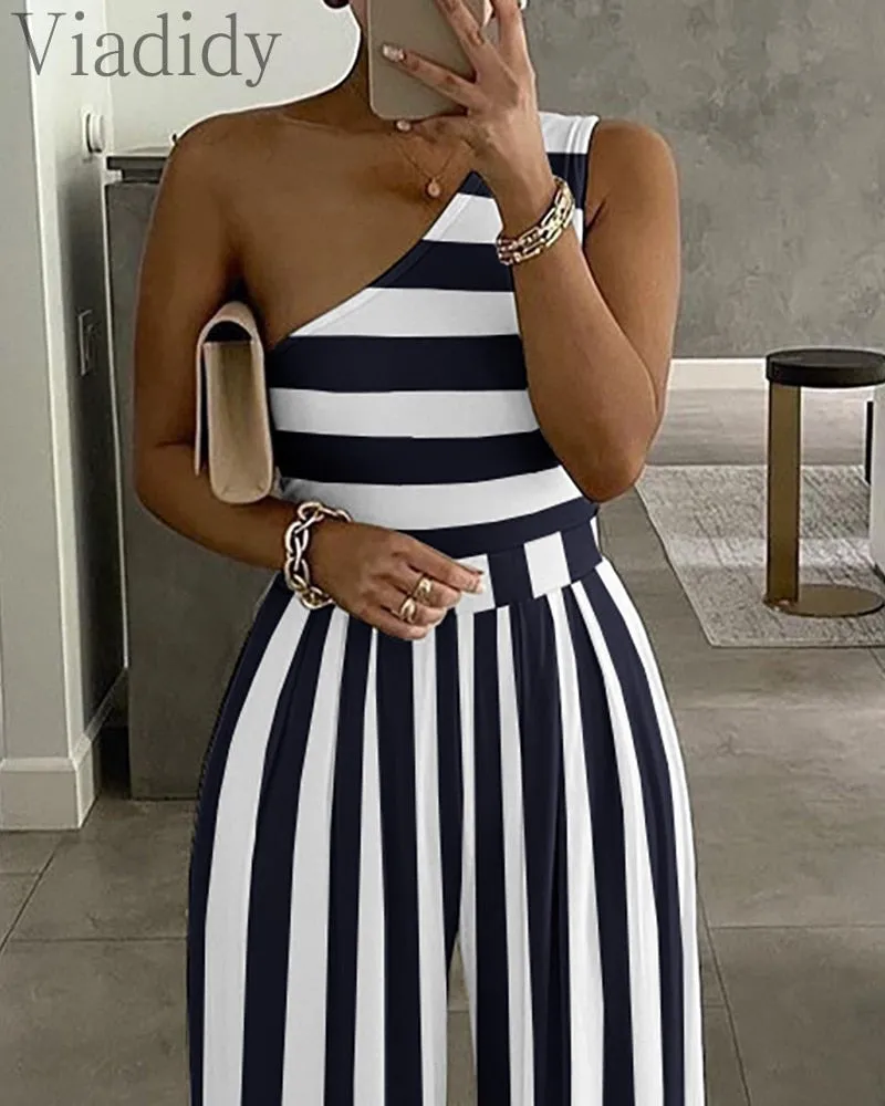 Wenkouban women single shoulder stripes print high waist jumpsuit