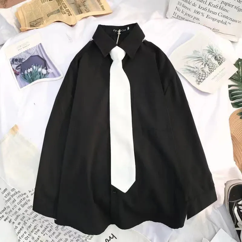 White & Black Shirts for Women with Tie Boutique Fashion Preppy Style Long Sleeve Shirts Button Up