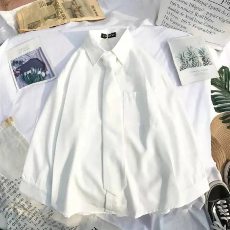 White & Black Shirts for Women with Tie Boutique Fashion Preppy Style Long Sleeve Shirts Button Up