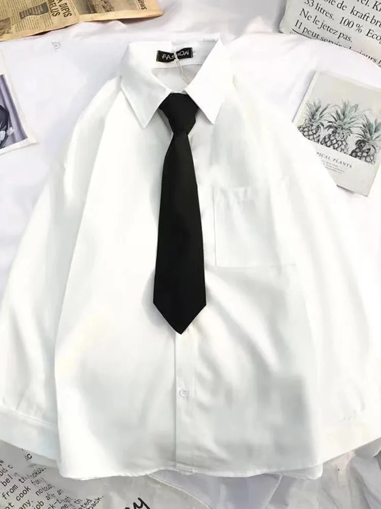 White & Black Shirts for Women with Tie Boutique Fashion Preppy Style Long Sleeve Shirts Button Up