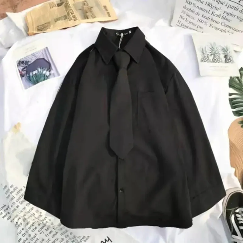 White & Black Shirts for Women with Tie Boutique Fashion Preppy Style Long Sleeve Shirts Button Up