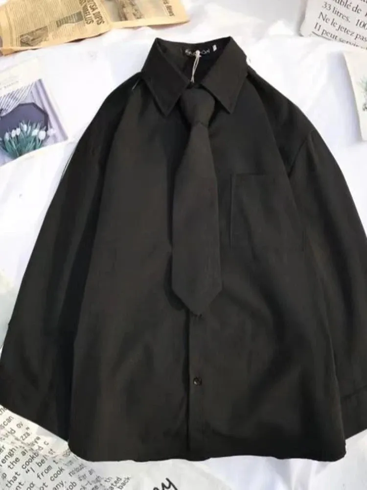 White & Black Shirts for Women with Tie Boutique Fashion Preppy Style Long Sleeve Shirts Button Up