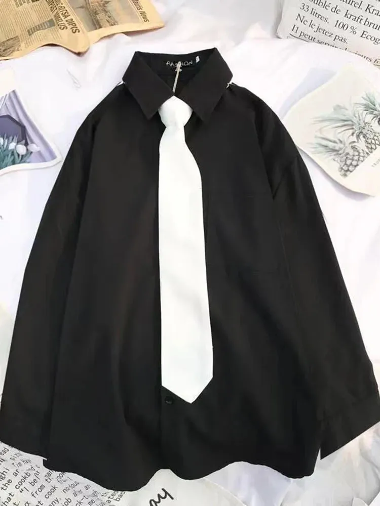 White & Black Shirts for Women with Tie Boutique Fashion Preppy Style Long Sleeve Shirts Button Up