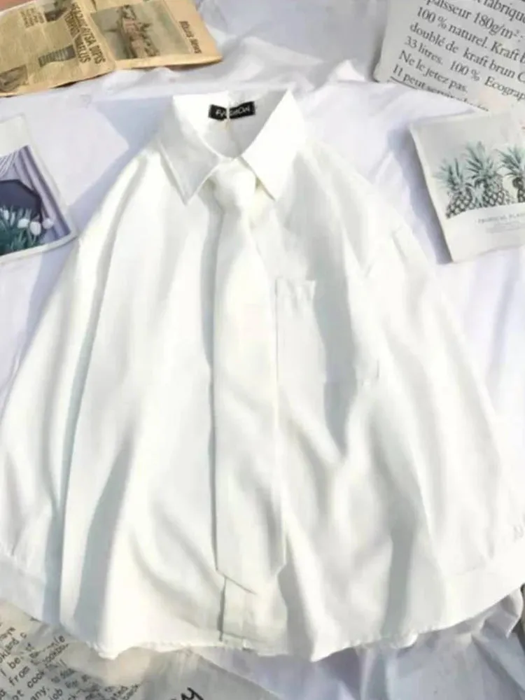 White & Black Shirts for Women with Tie Boutique Fashion Preppy Style Long Sleeve Shirts Button Up