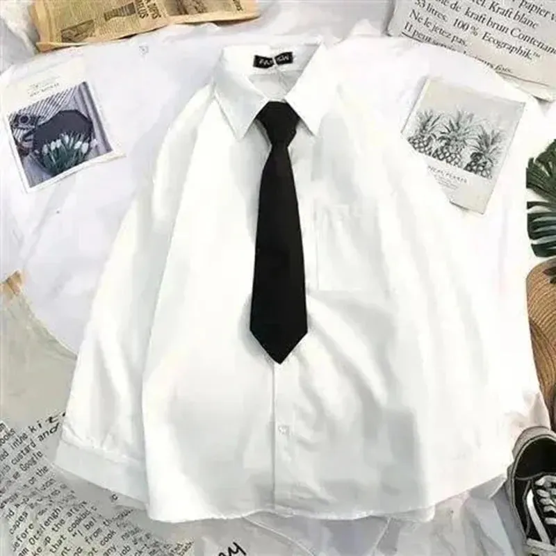 White & Black Shirts for Women with Tie Boutique Fashion Preppy Style Long Sleeve Shirts Button Up