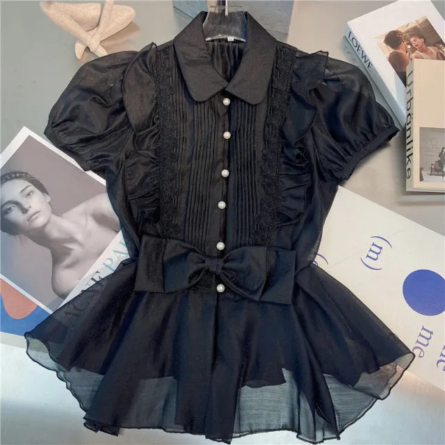 White Sweet Patchwork Bowknot Shirts For Women Lapel Puff Elegant Blouses