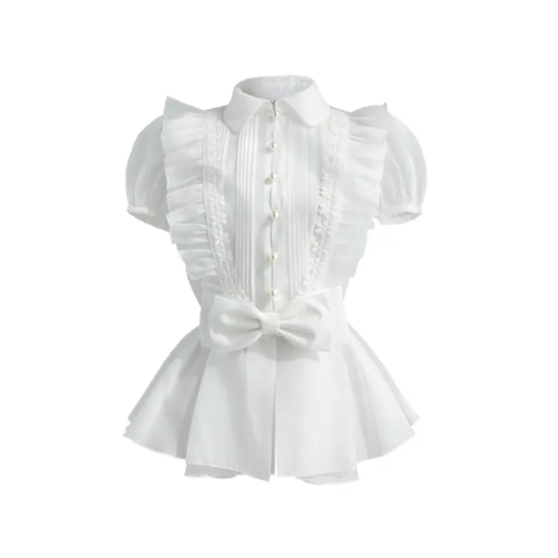 White Sweet Patchwork Bowknot Shirts For Women Lapel Puff Elegant Blouses