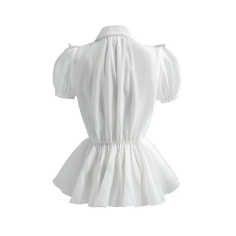 White Sweet Patchwork Bowknot Shirts For Women Lapel Puff Elegant Blouses