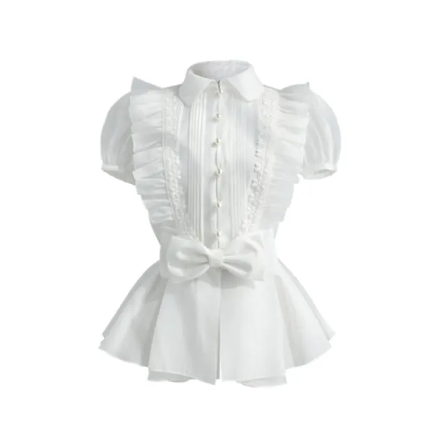 White Sweet Patchwork Bowknot Shirts For Women Lapel Puff Elegant Blouses