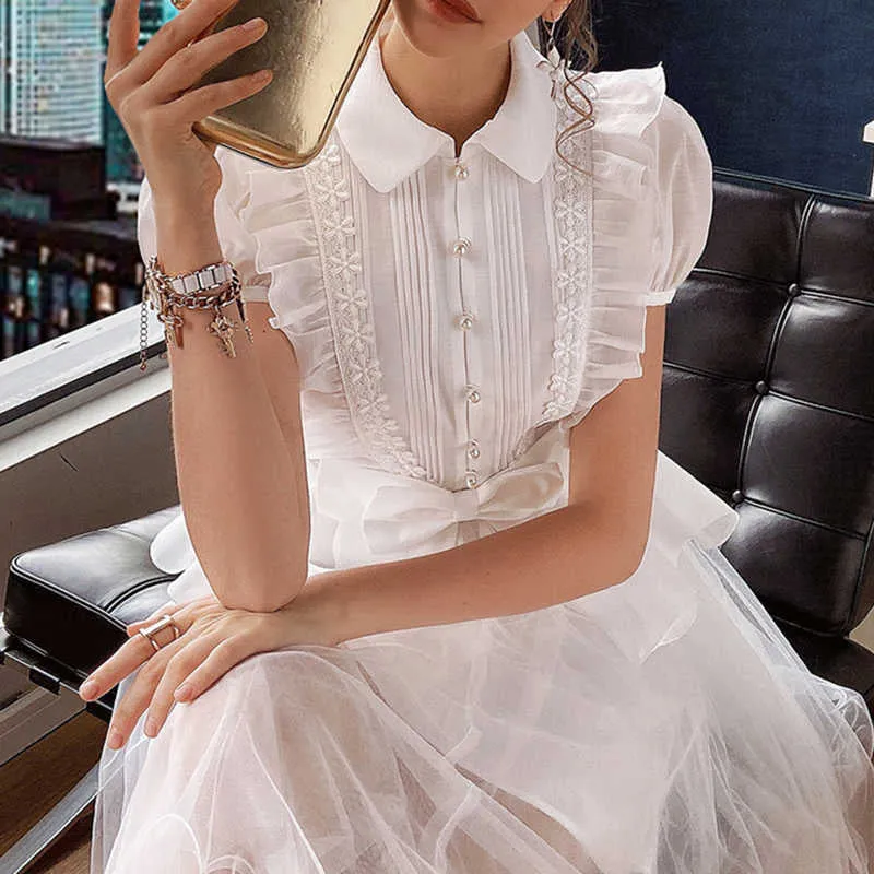 White Sweet Patchwork Bowknot Shirts For Women Lapel Puff Elegant Blouses