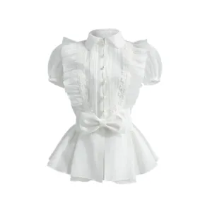 White Sweet Patchwork Bowknot Shirts For Women Lapel Puff Elegant Blouses