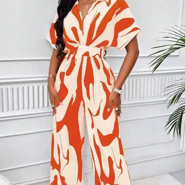 Wide Leg Jumpsuit Women 2023 Autumn and Winter Fashion Short Sleeved High Waist V-neck Full Body Printed Bat Sleeve Jump Suits