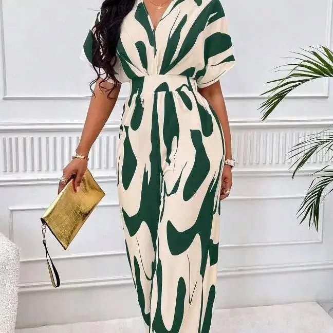 Wide Leg Jumpsuit Women 2023 Autumn and Winter Fashion Short Sleeved High Waist V-neck Full Body Printed Bat Sleeve Jump Suits