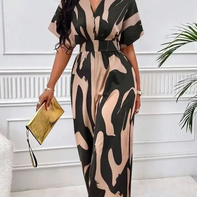 Wide Leg Jumpsuit Women 2023 Autumn and Winter Fashion Short Sleeved High Waist V-neck Full Body Printed Bat Sleeve Jump Suits