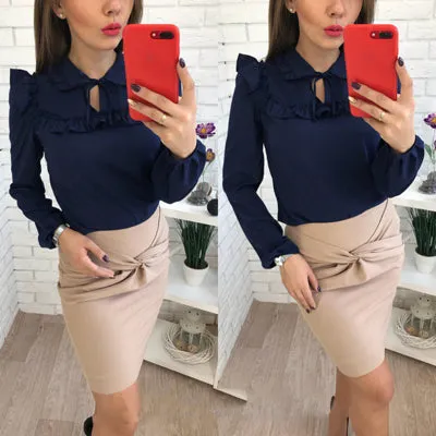 Women Fashion Long Sleeve Ruffles Loose Blouses Tops 2018 New lady Summer Casual Party Purple Navy blue Office Shirt blouse