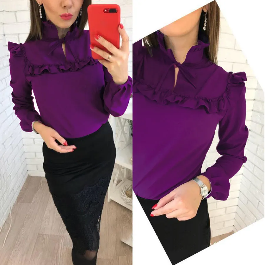 Women Fashion Long Sleeve Ruffles Loose Blouses Tops 2018 New lady Summer Casual Party Purple Navy blue Office Shirt blouse