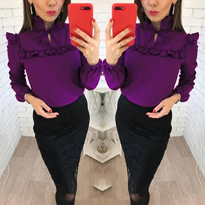 Women Fashion Long Sleeve Ruffles Loose Blouses Tops 2018 New lady Summer Casual Party Purple Navy blue Office Shirt blouse
