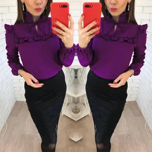 Women Fashion Long Sleeve Ruffles Loose Blouses Tops 2018 New lady Summer Casual Party Purple Navy blue Office Shirt blouse