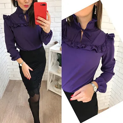 Women Fashion Long Sleeve Ruffles Loose Blouses Tops 2018 New lady Summer Casual Party Purple Navy blue Office Shirt blouse