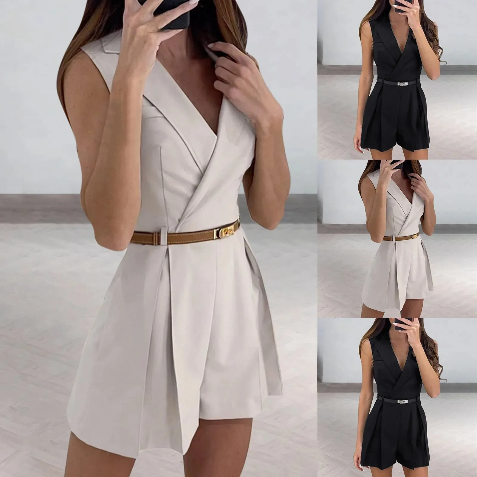 Women Fashion Sleeveless Suit Jumpsuit Summer Notched Lapel V Neck Without Belt Shorts Jumpsuit Temperament Commuting Playsuits