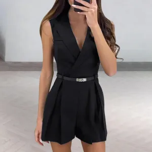 Women Fashion Sleeveless Suit Jumpsuit Summer Notched Lapel V Neck Without Belt Shorts Jumpsuit Temperament Commuting Playsuits