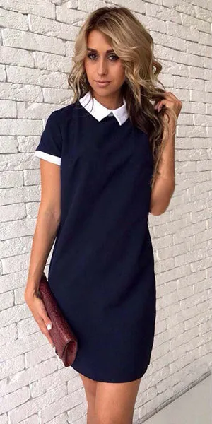 Women Office Turn-down Collar Gray Navy blue Mini dress Bodycon 2018 New Summer Short Sleeve Party Straight Dresses Plus Size
