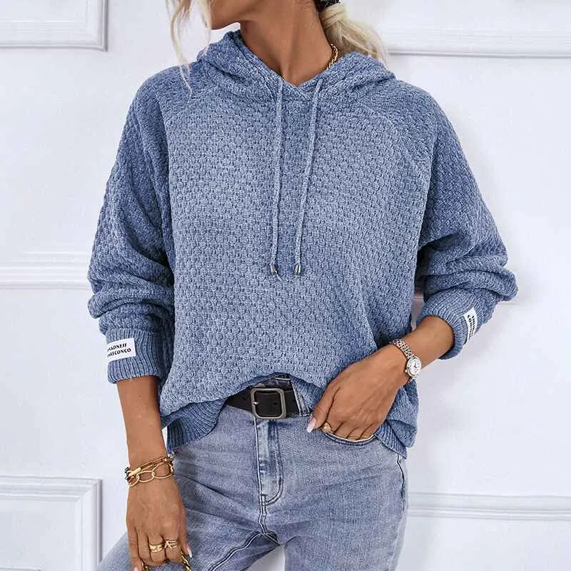 Women Pullover Sweater Hoodies Casual V Neck Knitted Long Sleeve Hooded Sweaters K419