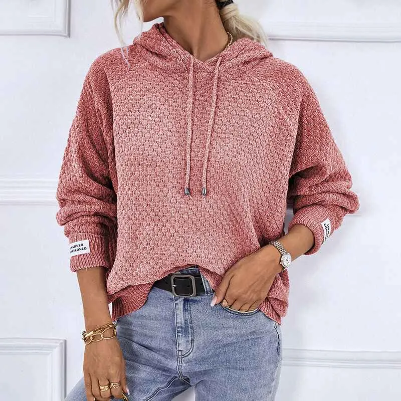 Women Pullover Sweater Hoodies Casual V Neck Knitted Long Sleeve Hooded Sweaters K419