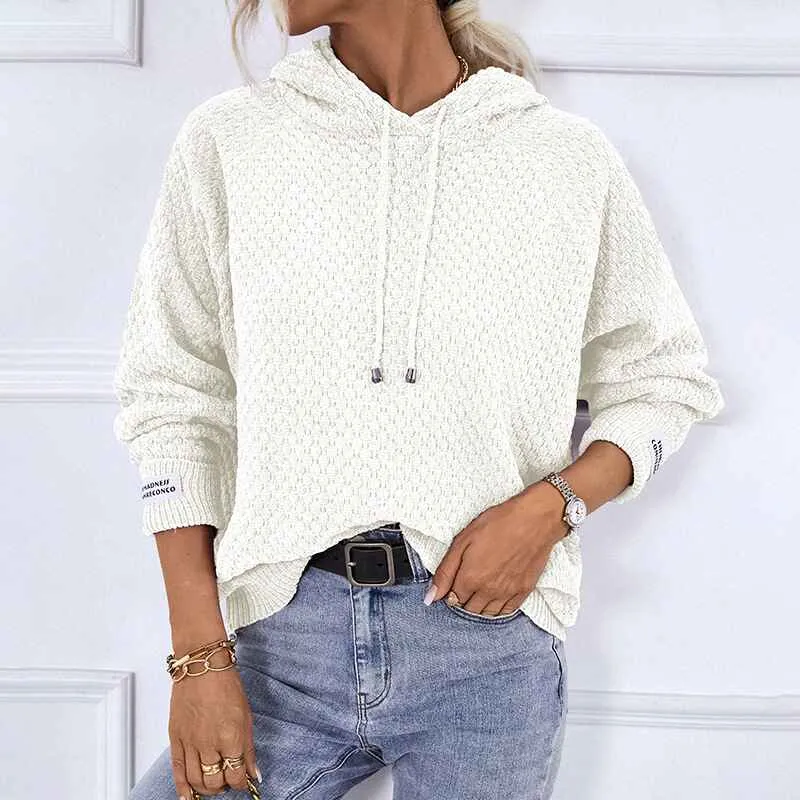 Women Pullover Sweater Hoodies Casual V Neck Knitted Long Sleeve Hooded Sweaters K419
