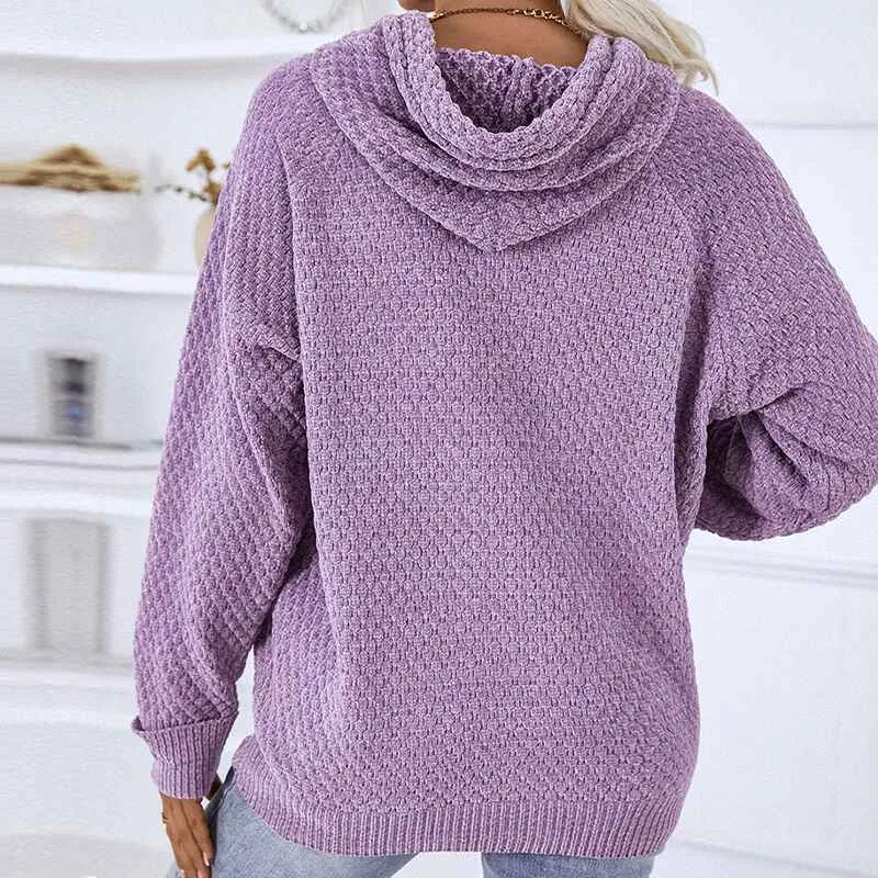 Women Pullover Sweater Hoodies Casual V Neck Knitted Long Sleeve Hooded Sweaters K419